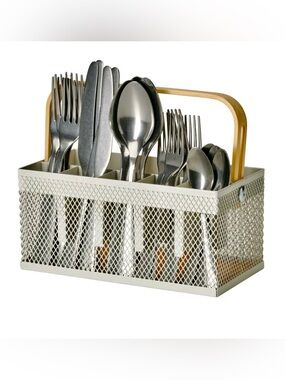 20 piece Cutlery and Metal Mesh Caddy with Bamboo Handle - White